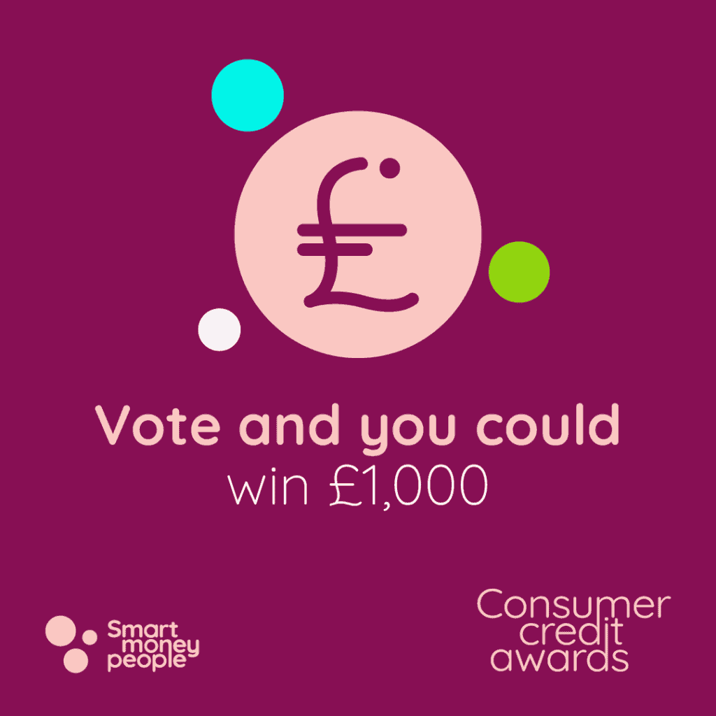 A £ symbol on a purple background: Vote and you could win £1,000 Consumer Credit Awards, Smart Money People